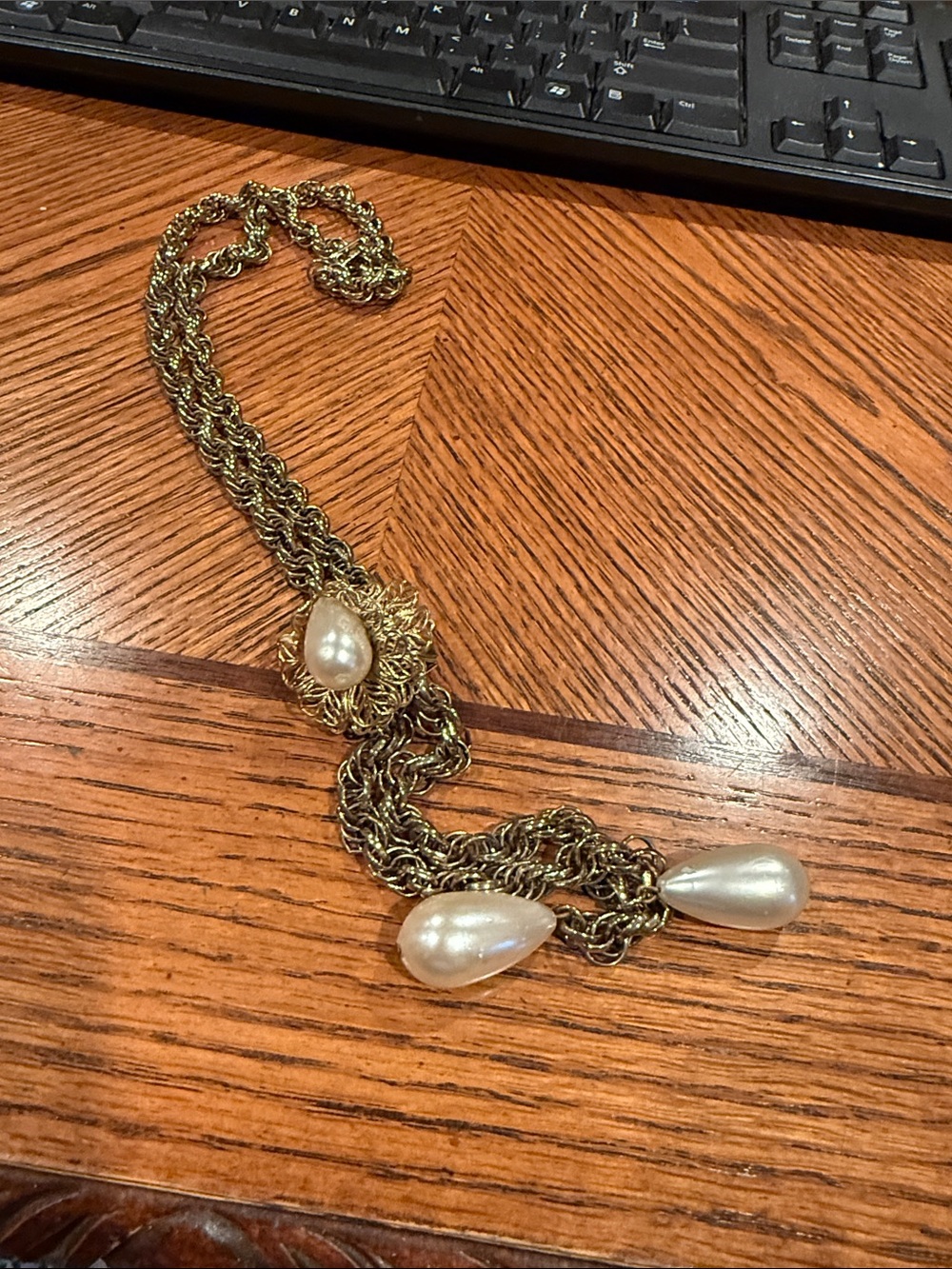 Gold-Tone Chain Necklace with Pearl Drops